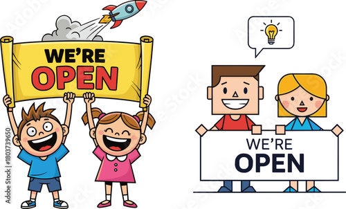 Cute cartoon children holding vibrant we’re open signs with cheerful expressions, promoting business opening, announcement banners, welcoming message, and creative illustration design