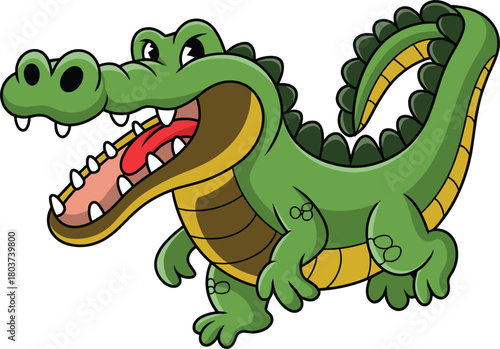 Cartoon crocodile illustration, green reptile character, funny animal drawing, children’s book mascot, playful vector, open mouth, sharp teeth, jungle