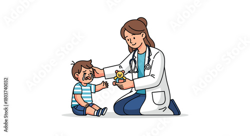 Caring doctor comforts crying child with teddy bear, offering gentle reassurance and a friendly smile in a heartwarming medical scene