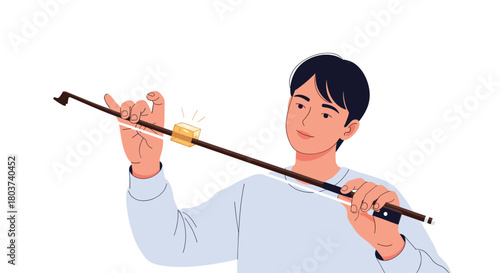 Young man carefully balancing a golden cube on a thin stick, showcasing precision and focus in a simple, modern illustration