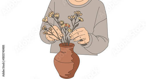 Hands arranging delicate dried flowers into a rustic clay vase, bringing natural beauty indoors for a calming home decor moment