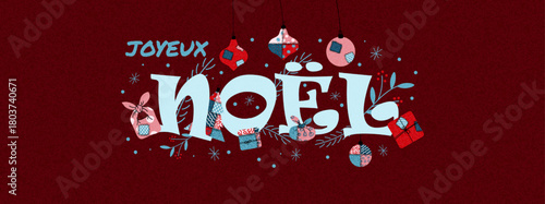 Patchwork Christmas Poster in French. Hand drawn card with stitched patterns on a deep red with branches folk ornaments, tree, bauble, French text NOEL. Furoshiki Eco-friendly gifts. Handcrafted style