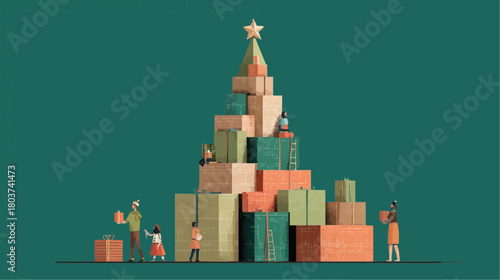 Christmas tree made from stacked recycled boxes with tiny people decorating for eco-friendly retail displays and sustainable branding, with space for text