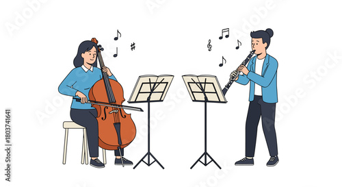 Talented musicians joyfully perform classical melodies, a cellist and clarinetist creating harmonious sounds in a vibrant artistic moment
