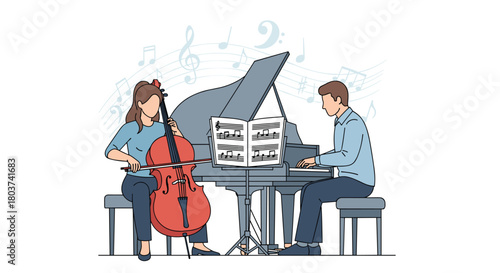 Duo of musicians performing classical music together, a cellist and pianist creating harmonious melodies in a refined setting