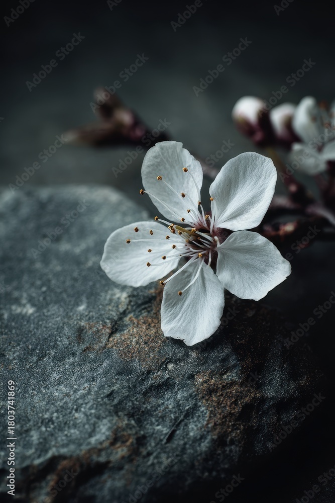 Fototapeta premium Close-up - Delicate White Blossom with Dark Specks on Rough Stone, Serene and Tranquil.