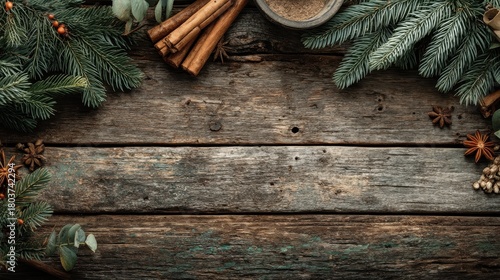 Rustic wooden background with fir branches and cinnamon sticks arranged decoratively