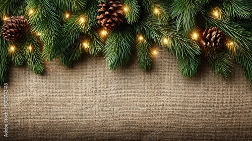 Christmas pine branches with lights and pinecones on burlap background