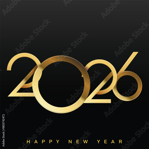 Modern Art Deco Happy New Year 2026 golden logo. Vector