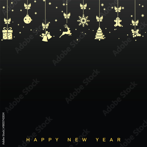 Luxury Happy New Year 2026 with clock and Christmas ornaments. Vector