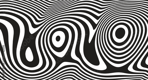 Black and white wavy optical illusion pattern with bold, hypnotic contour lines forming distorted circular shapes. High-contrast abstract background that creates a trippy, fluid movement effect. 