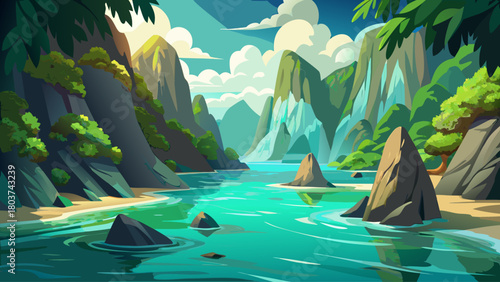 Crystal-clear emerald waters surrounding dramatic limestone cliffs, serene tropical bay shimmering under bright sunlight