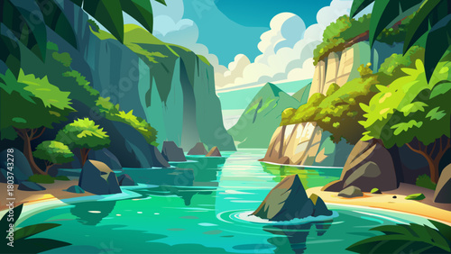 Crystal-clear emerald waters surrounding dramatic limestone cliffs, serene tropical bay shimmering under bright sunlight