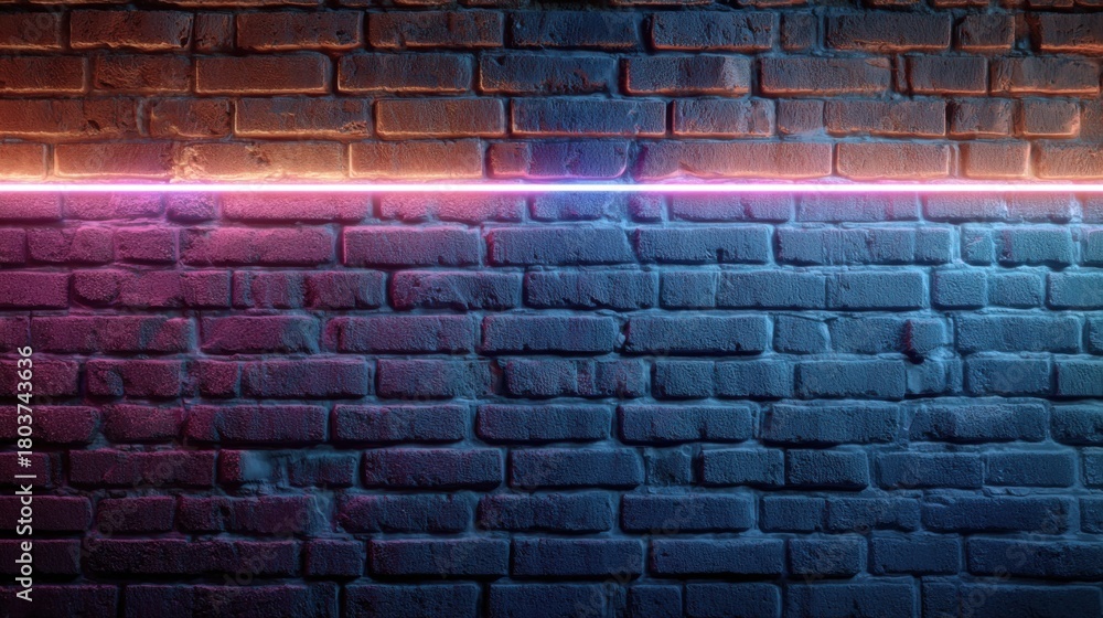 Fototapeta premium Vibrant neon light illuminating a textured brick wall at night adds a modern touch to the urban setting