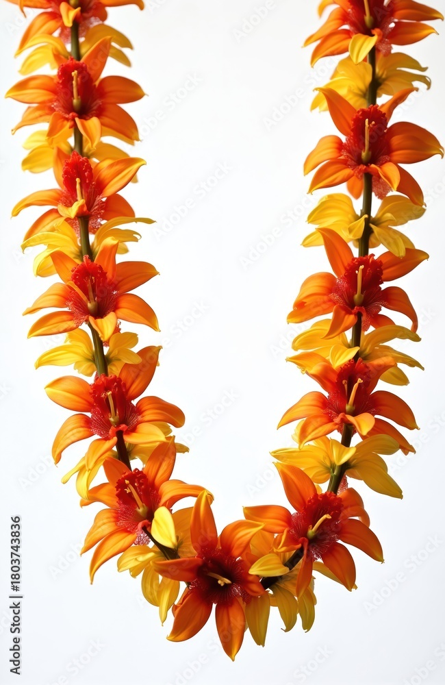 Fototapeta premium Bright orange and yellow flowers arranged as a lei. These colorful blossoms symbolize welcome and tropical vacations. Vibrant floral garland isolated on white background.