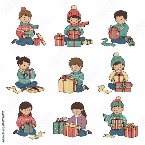 Collection of nine cartoon kids in winter attire, happily opening, holding, and receiving colorful Christmas and holiday gift boxes.