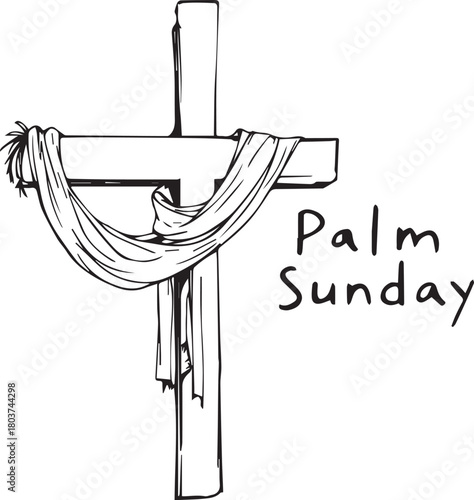 Black cross with draped cloth and “Palm Sunday” text symbolizing Christian observance and sacred tradition