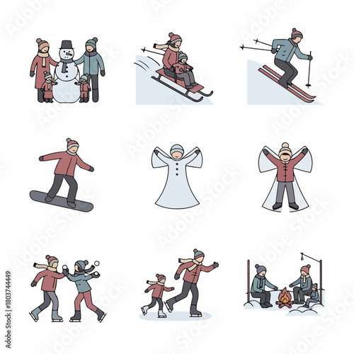 Set of line art icons illustrating various winter leisure activities and outdoor sports like skiing, skating, snowboarding, and family fun.