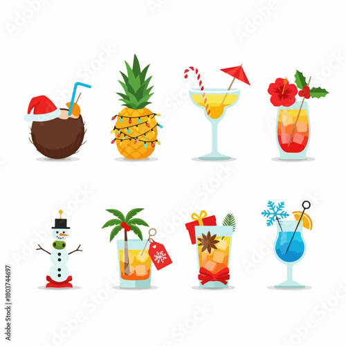 Festive Christmas Cocktails Collection: Tropical Holiday Drinks and Winter Beverages Vector Icons.