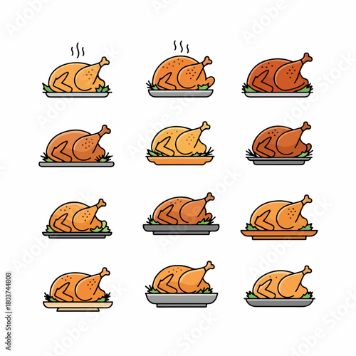 Various cartoon icons of whole roasted chicken or turkey on a platter, ready for holiday dinner or festive meals, isolated on white background.