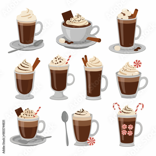 Collection of vector illustrations featuring nine variations of hot chocolate and coffee drinks with whipped cream toppings, candy canes, and cinnamon, isolated on white.