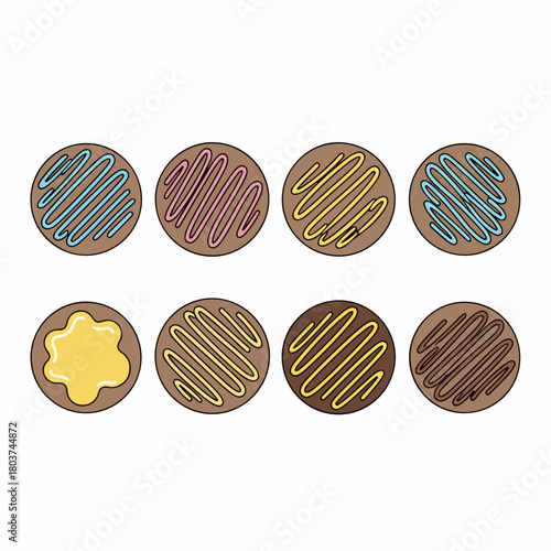 Eight vector illustration cookies decorated with colorful icing and frosting drizzles, including blue, pink, and yellow, isolated on a white background.