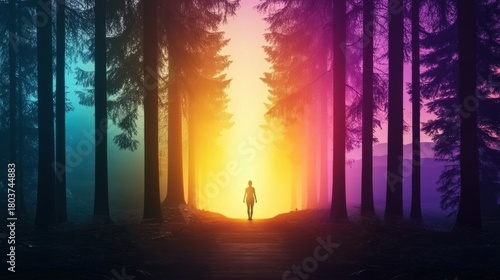 A radiant and colorful aura around a person as they walk along a forest path at sunrise.