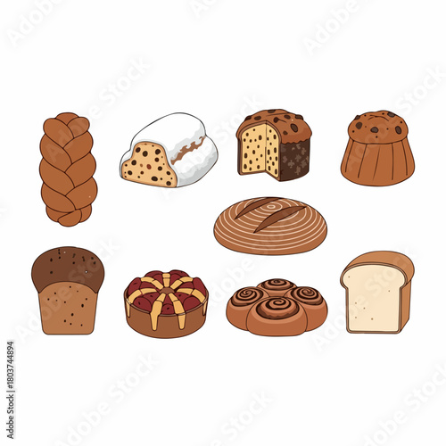 A colorful illustration set showcasing a variety of traditional and sweet baked goods, including breads, cakes, and pastries.