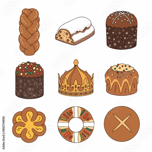 Illustrated set of international holiday sweet breads: Panettone, Stollen, Challah, and King Cake, symbolizing global festive baking traditions.