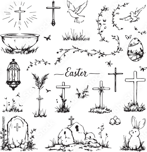 Black line Easter illustration with cross, dove, bunny, egg, flowers, palm, gravestones, and “Easter” text