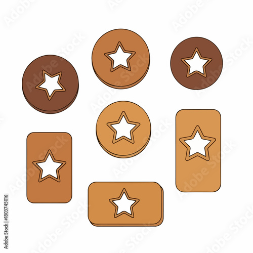 Vector illustration of seven assorted Linzer cookies with star-shaped centers, featuring round and rectangular biscuits in brown tones.