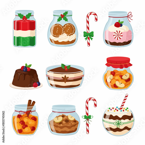 Festive Christmas Desserts in Jars and Holiday Treats Collection. Vector Illustration Set of Puddings, Candies, and Sweet Food.