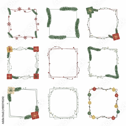 Minimalist Christmas Frame Collection: Set of nine square borders with festive elements like pine needles, gift boxes, string lights, and snowflakes, for holiday design.