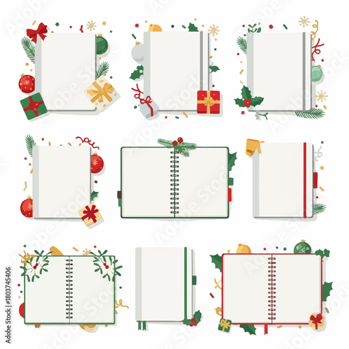 Set of Christmas and Holiday Themed Notebooks, Planners, and Blank Frames adorned with festive decorations, suitable for festive greetings or planning.