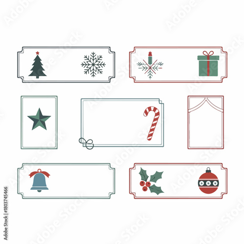 Set of Retro Christmas Gift Tags and Labels. Decorative Holiday Frames with Classic Icons: Tree, Holly, Snowflake, Candy Cane, and Ornament.