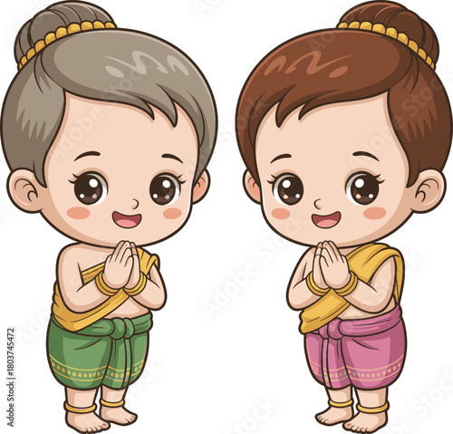 Cartoon Thai children performing wai greeting in traditional costume, cultural illustration with respectful gesture and colorful ethnic attire