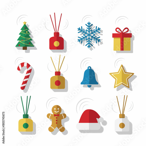 Christmas and Winter Icons Set featuring Festive Symbols, Reed Diffusers, and Holiday Treats in Flat Design Style on White Background.