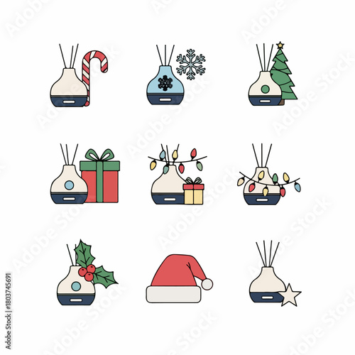 Festive Diffuser Icons: Christmas Aromatherapy Set with Candy Cane, Holly, Snowflake, and Gift Box for Winter Home Fragrance.