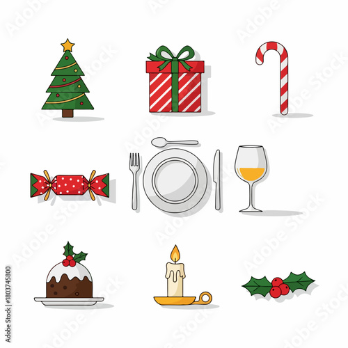 Festive Christmas Icons Set: Holiday Dining Elements Including Tree, Gift, Candy Cane, Pudding, Candle, Holly, and Table Setting.