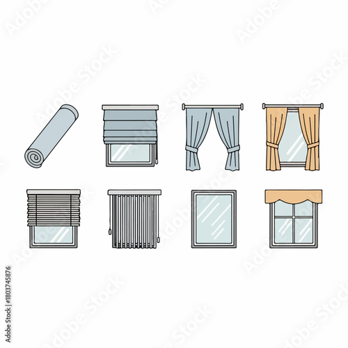 Vector icons set showing different types of window treatments including roller blinds, Roman shades, Venetian and vertical blinds, drapes, curtains, and windows, for home decor design.