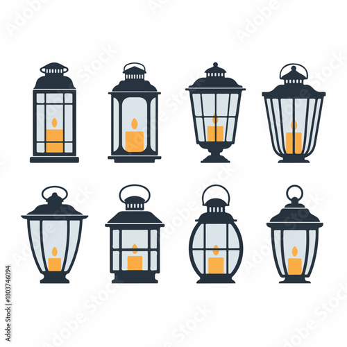 Eight vector icons of antique and traditional candle lanterns for decoration, illumination, and cozy ambiance.