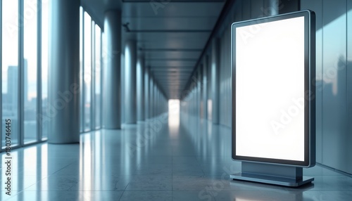 Fototapeta Naklejka Na Ścianę i Meble -  Digital advertising screen stands in modern office building lobby. Vertical LED billboard displays blank white copy space on floor. Futuristic interior hallway with columns and glass windows.