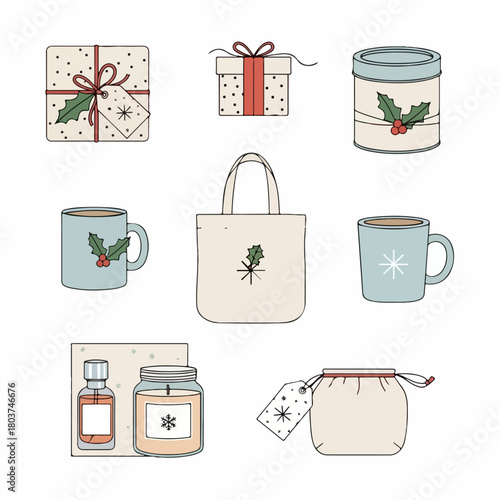 A collection of cozy illustrated Christmas and winter gifts, including mugs, wrapped presents, candles, and a festive tote bag in a minimalist style.