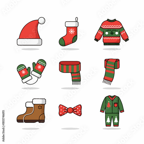 Collection of Christmas and Winter Holiday Clothing Items Icon Set, Featuring Santa Hat, Ugly Sweater, Mittens, Scarf, and Pajamas.