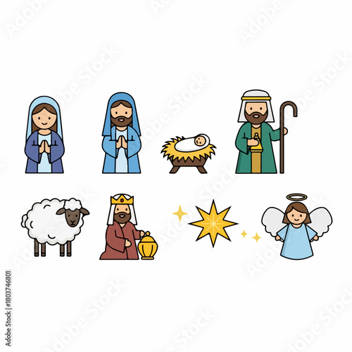 Simple Cartoon Nativity Scene Vector Icons Set: Mary, Joseph, Baby Jesus, Wise Man, Shepherd, Sheep, and Angel isolated on white.