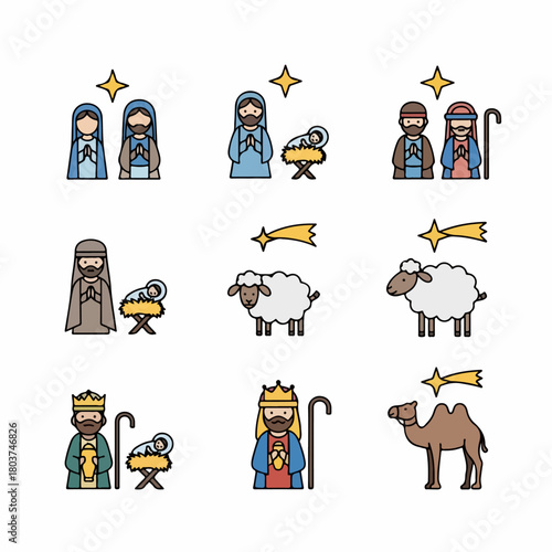 Nativity Scene Characters Icon Set featuring Holy Family, Wise Men, Shepherds, and Animals. Isolated flat design vector illustrations for Christmas.
