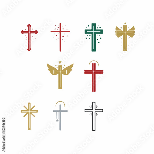 Set of nine stylized Christian cross icons in red, green, and gold, symbolizing faith, spirituality, and divine grace.