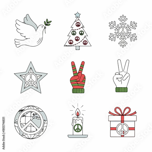 Peaceful Christmas and Winter Holiday Icons Set: Dove, Tree, Snowflake, V-Sign, Globe, Candle, and Gift Box Symbols in Outline Style.