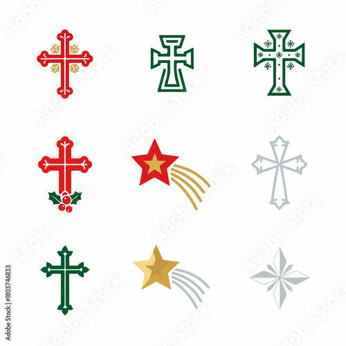 Christmas and Religious Symbols Vector Set: Stylized Crosses, Holly, and Bethlehem Stars in Red, Green, and Gold.