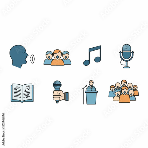 Outline Icons for Voice, Singing, Public Speaking, Microphones, and Music Performance on a White Background.